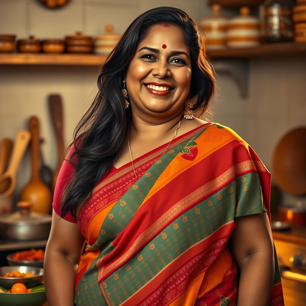 A hyper-realistic, photorealistic image of an extremely beautiful, voluptuous middle-aged Indian housewife, aged 45