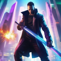 Generate a hyper-realistic, 4K image of a cool, handsome man in cyberpunk attire, battling with a giant sword with a cyber city tower exploding dramatically in the background