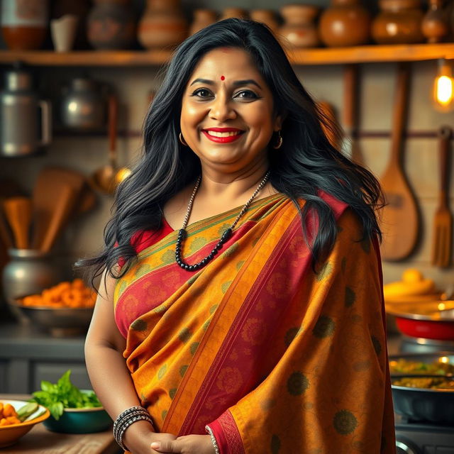 A hyper-realistic, photorealistic image of an extremely beautiful, voluptuous middle-aged Indian housewife, aged 45