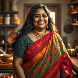 A hyper-realistic, photorealistic image of an extremely beautiful, voluptuous middle-aged Indian housewife, aged 45