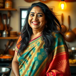 A hyper-realistic, photorealistic image of an extremely beautiful, voluptuous middle-aged Indian housewife, aged 45
