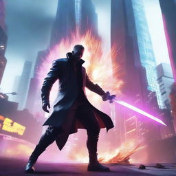 Generate a hyper-realistic, 4K image of a cool, handsome man in cyberpunk attire, battling with a giant sword with a cyber city tower exploding dramatically in the background