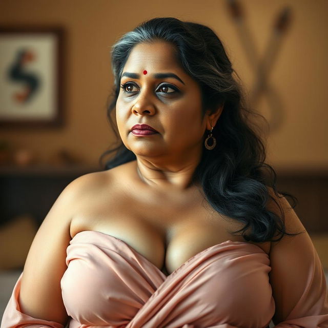 A hyper-realistic, photorealistic image of an extremely beautiful, voluptuous, thick, middle-aged Indian housewife, aged 45, showcasing her deep sexy cleavage while wearing a stylish strapless blouse