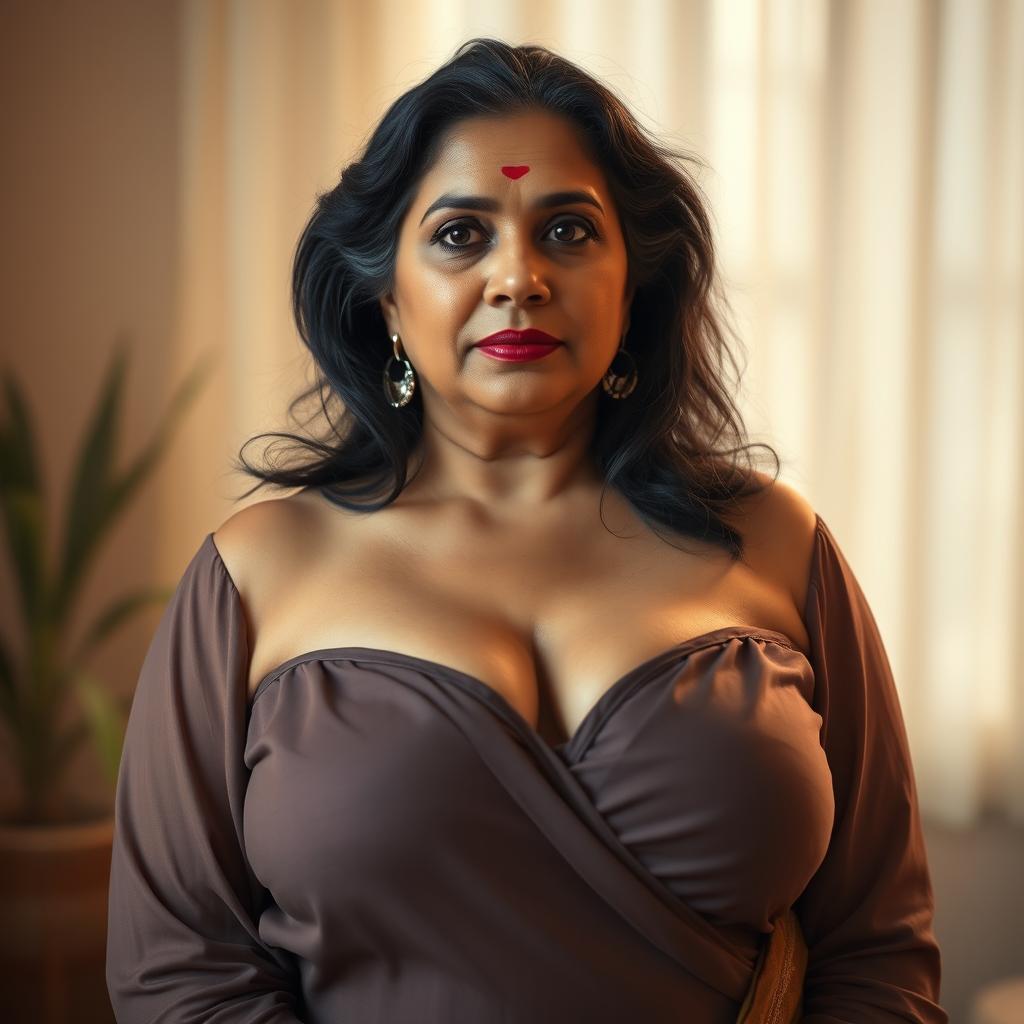 A hyper-realistic, photorealistic image of an extremely beautiful, voluptuous, thick, middle-aged Indian housewife, aged 45, showcasing her deep sexy cleavage while wearing a stylish strapless blouse