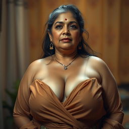 A hyper-realistic, photorealistic image of an extremely beautiful, voluptuous, thick, middle-aged Indian housewife, aged 45, showcasing her deep sexy cleavage while wearing a stylish strapless blouse