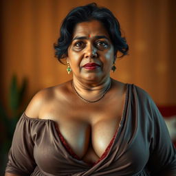 A hyper-realistic, photorealistic image of an extremely beautiful, voluptuous, thick, middle-aged Indian housewife, aged 45, showcasing her deep sexy cleavage while wearing a stylish strapless blouse