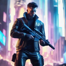 Produce a hyper-realistic, 4K image of a cool, handsome man, in cyberpunk attire, fighting intensely with a large gun