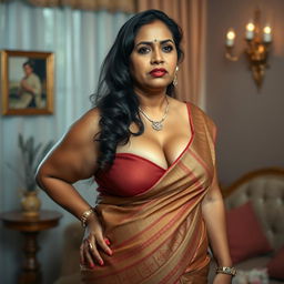 A hyper-realistic, photorealistic, high-quality image of an extremely beautiful, voluptuous, thick, middle-aged Indian housewife, aged 40