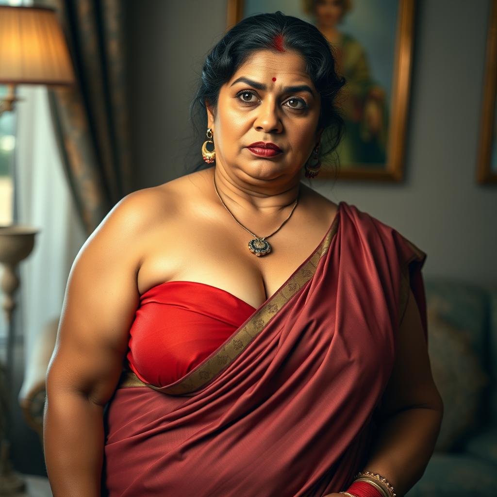 A hyper-realistic, photorealistic, high-quality image of an extremely beautiful, voluptuous, thick, middle-aged Indian housewife, aged 40