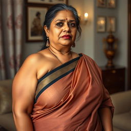 A hyper-realistic, photorealistic, high-quality image of an extremely beautiful, voluptuous, thick, middle-aged Indian housewife, aged 40