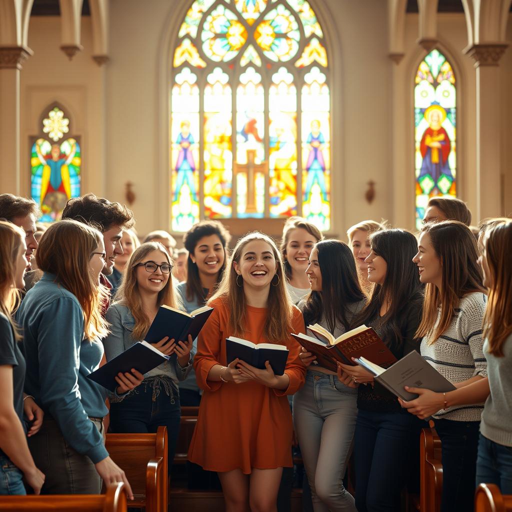 A vibrant scene of young people gathered in a church, with sunlight streaming through stained glass windows, creating a colorful atmosphere