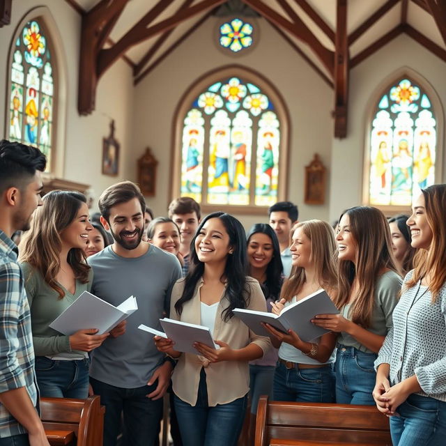 A vibrant scene of young people gathered in a church, with sunlight streaming through stained glass windows, creating a colorful atmosphere