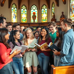 A vibrant scene of young people gathered in a church, with sunlight streaming through stained glass windows, creating a colorful atmosphere