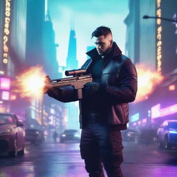 Produce a hyper-realistic, 4K image of a cool, handsome man, in cyberpunk attire, fighting intensely with a large gun