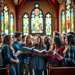 A vibrant scene of young people gathered in a church, with sunlight streaming through stained glass windows, creating a colorful atmosphere