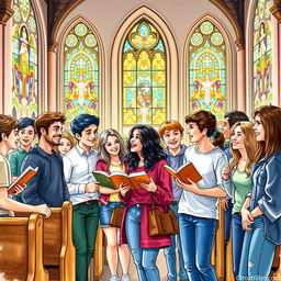 A detailed drawing of young people gathered in a church setting, depicting a lively and engaging atmosphere