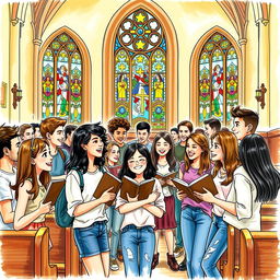 A detailed drawing of young people gathered in a church setting, depicting a lively and engaging atmosphere