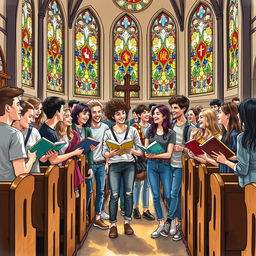 A detailed drawing of young people gathered in a church setting, depicting a lively and engaging atmosphere