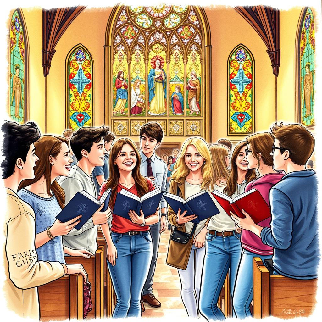 A detailed drawing of young people gathered in a church setting, depicting a lively and engaging atmosphere