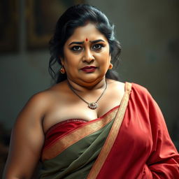 A hyper-realistic, photorealistic image of an extremely beautiful, voluptuous, thick middle-aged Indian woman, around 40 years old