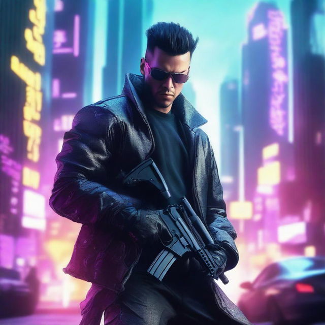 Produce a hyper-realistic, 4K image of a cool, handsome man, in cyberpunk attire, fighting intensely with a large gun