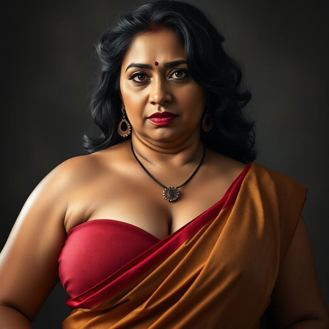 A hyper-realistic, photorealistic image of an extremely beautiful, voluptuous, thick middle-aged Indian woman, around 40 years old