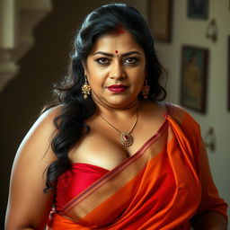 A hyper-realistic, photorealistic image of an extremely beautiful, voluptuous, thick middle-aged Indian woman, around 40 years old