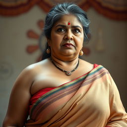 A hyper-realistic, photorealistic image of an extremely beautiful, voluptuous, thick middle-aged Indian woman, around 40 years old