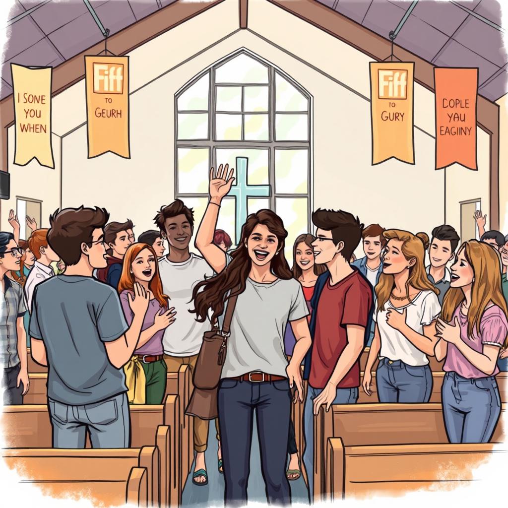 A lively drawing of young people gathered in an evangelical church, capturing a sense of community and spirituality