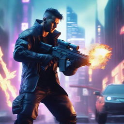 Produce a hyper-realistic, 4K image of a cool, handsome man, in cyberpunk attire, fighting intensely with a large gun