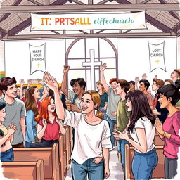 A lively drawing of young people gathered in an evangelical church, capturing a sense of community and spirituality