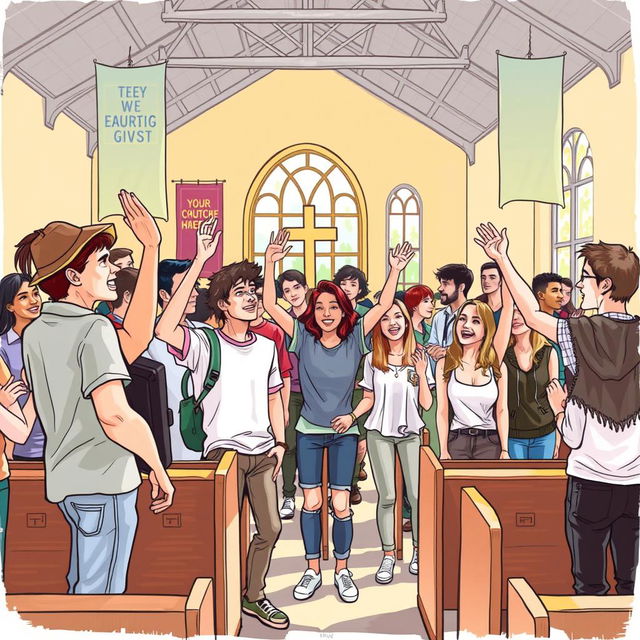 A lively drawing of young people gathered in an evangelical church, capturing a sense of community and spirituality