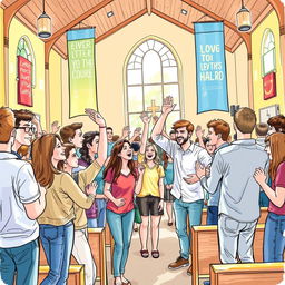 A lively drawing of young people gathered in an evangelical church, capturing a sense of community and spirituality