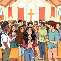 A charming illustration of young people gathered in an evangelical church, embodying a spirit of joy and community
