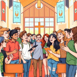 A charming illustration of young people gathered in an evangelical church, embodying a spirit of joy and community