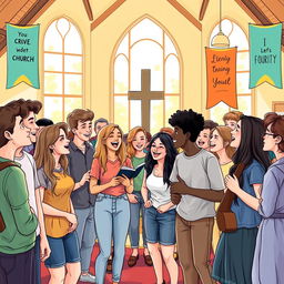 A charming illustration of young people gathered in an evangelical church, embodying a spirit of joy and community