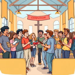 A charming illustration of young people gathered in an evangelical church, embodying a spirit of joy and community