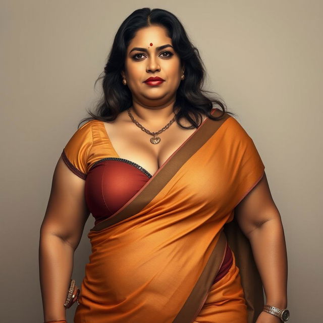 A highly detailed, hyper-realistic image of an extremely beautiful, voluptuous Indian woman aged 40, resembling Khushboo Sundar