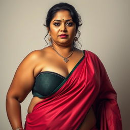 A highly detailed, hyper-realistic image of an extremely beautiful, voluptuous Indian woman aged 40, resembling Khushboo Sundar