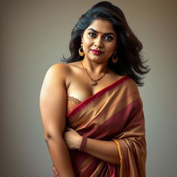 A highly detailed, hyper-realistic image of an extremely beautiful, voluptuous Indian woman aged 40, resembling Khushboo Sundar
