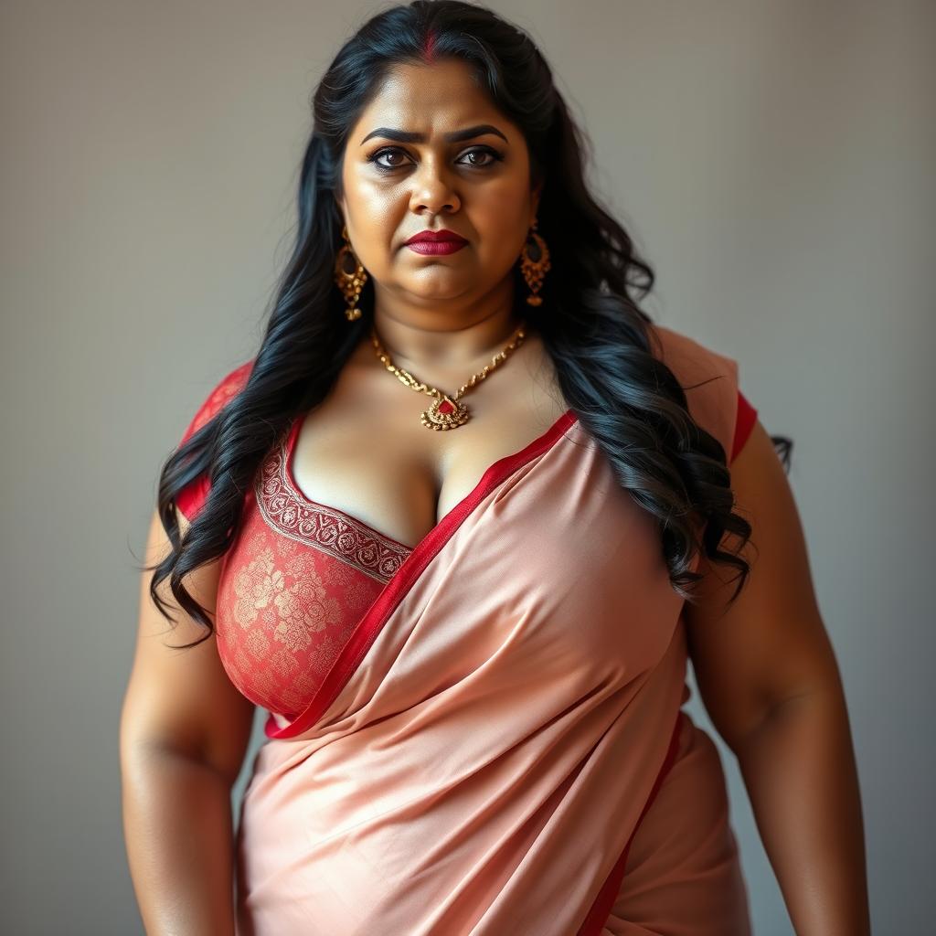 A highly detailed, hyper-realistic image of an extremely beautiful, voluptuous Indian woman aged 40, resembling Khushboo Sundar