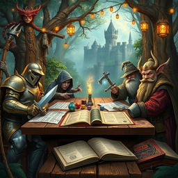 A mystical Dungeons & Dragons scene featuring a diverse group of adventurers: a brave knight in shining armor wielding a sword, a cunning rogue with a hood and dagger, a wise elf mage casting a spell, and a hearty dwarf cleric with a warhammer