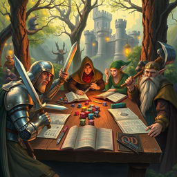 A mystical Dungeons & Dragons scene featuring a diverse group of adventurers: a brave knight in shining armor wielding a sword, a cunning rogue with a hood and dagger, a wise elf mage casting a spell, and a hearty dwarf cleric with a warhammer