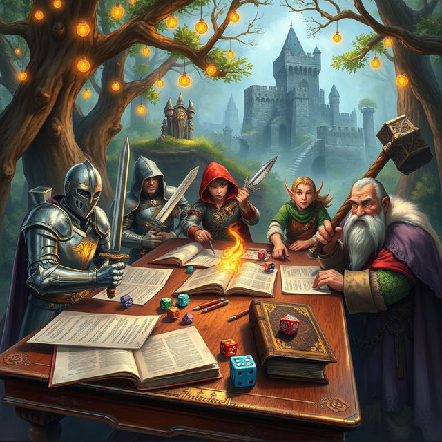 A mystical Dungeons & Dragons scene featuring a diverse group of adventurers: a brave knight in shining armor wielding a sword, a cunning rogue with a hood and dagger, a wise elf mage casting a spell, and a hearty dwarf cleric with a warhammer