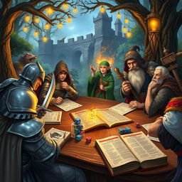 A mystical Dungeons & Dragons scene featuring a diverse group of adventurers: a brave knight in shining armor wielding a sword, a cunning rogue with a hood and dagger, a wise elf mage casting a spell, and a hearty dwarf cleric with a warhammer