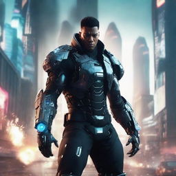 Create a hyper-realistic, 4K image of a cool, handsome, cyborg man engaged in battle within a cyberpunk city