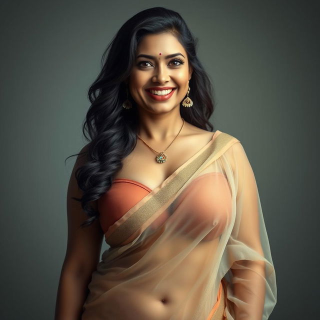 A hyper-realistic and photorealistic portrait of a radiant, smiling woman with fair skin, aged 40, showcasing an extremely beautiful and voluptuous figure