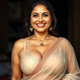 A hyper-realistic and photorealistic portrait of a radiant, smiling woman with fair skin, aged 40, showcasing an extremely beautiful and voluptuous figure