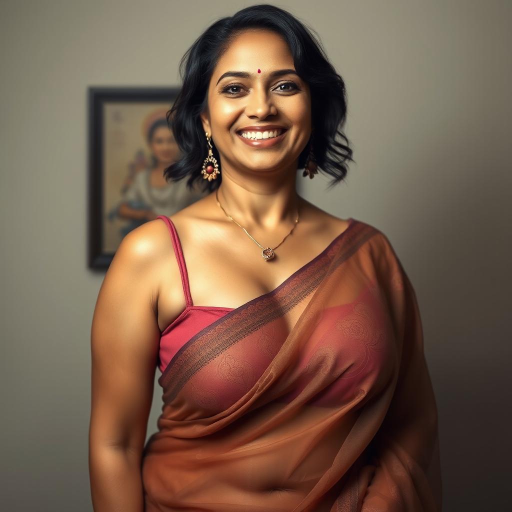 A hyper-realistic and photorealistic portrait of a radiant, smiling woman with fair skin, aged 40, showcasing an extremely beautiful and voluptuous figure