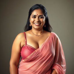 A hyper-realistic and photorealistic portrait of a radiant, smiling woman with fair skin, aged 40, showcasing an extremely beautiful and voluptuous figure